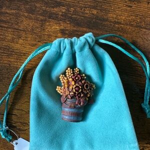Teal Drawstring Bag with Floral Embellishment